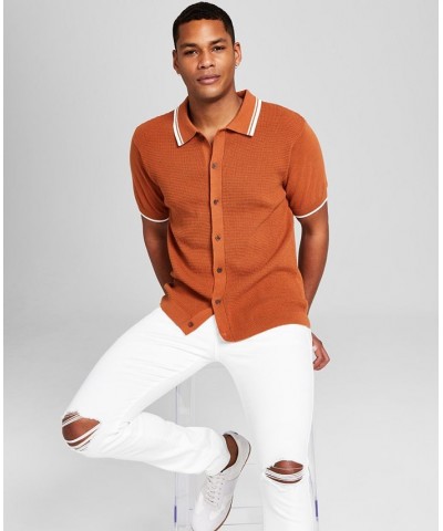 Men's Textured Stitch Button Front Polo Orange $19.80 Shirts